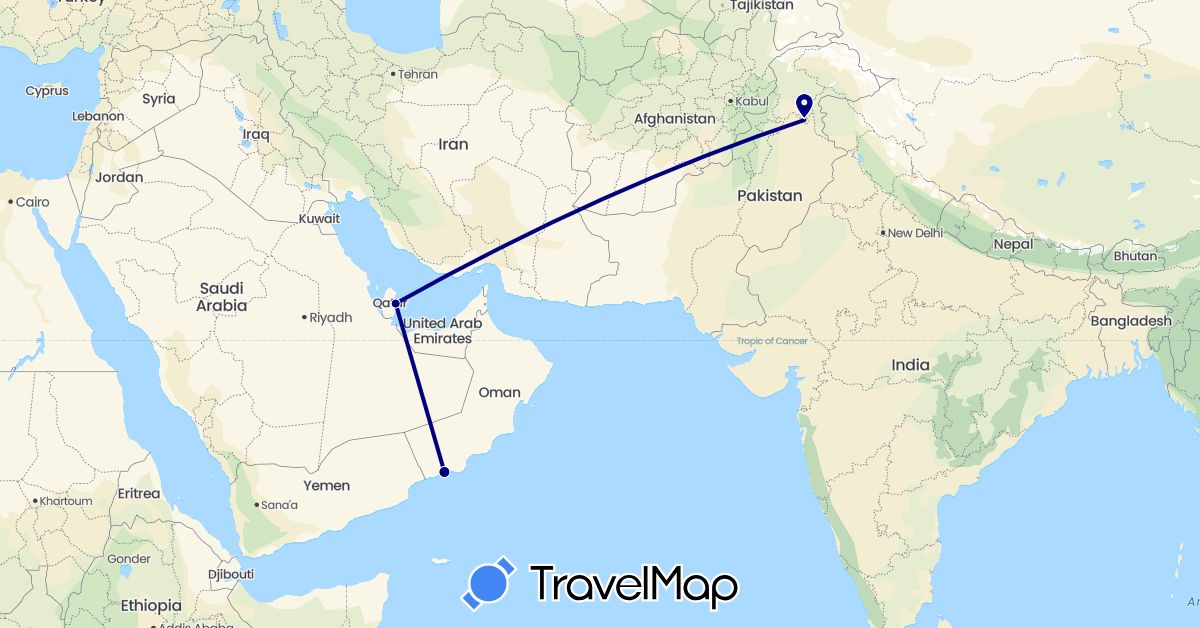 TravelMap itinerary: driving in Oman, Pakistan, Qatar (Asia)